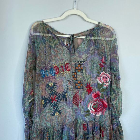 JOHNNY WAS Biya Wilde Mesh Dress Embroidered Boho Size XS Petite Floral Fall - Picture 5 of 15